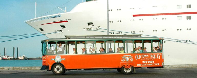 Key West trolley driving by cruise ship