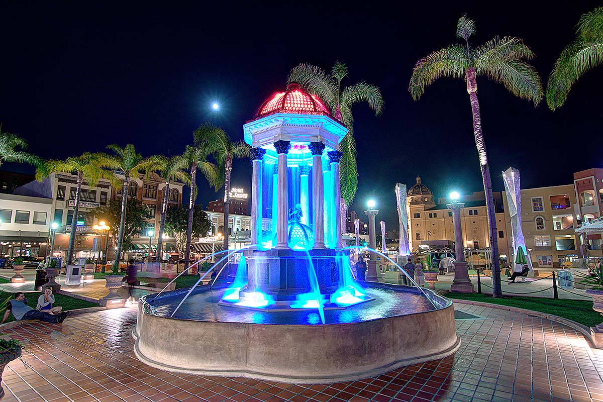 San Diego broadway fountain lit up at night