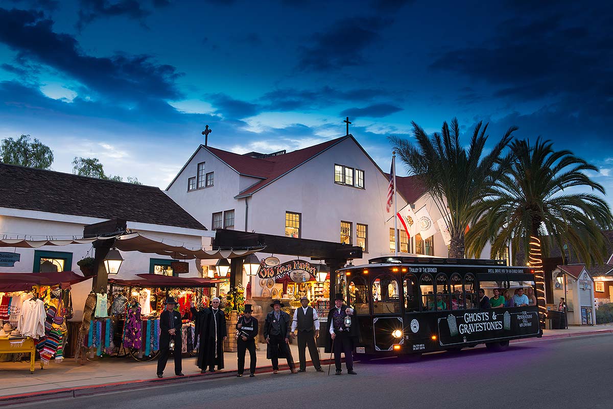 San Diego Ghosts & Gravestones trolley in front of Old Town Market