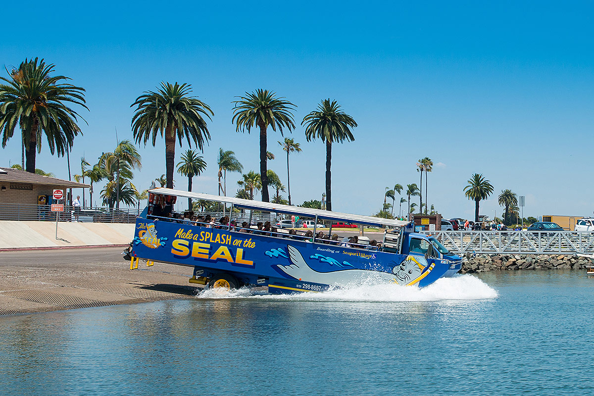 San Diego SEAL Tours vehicle splashing into the water