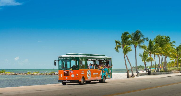 Key West trolley, beach and palm trees