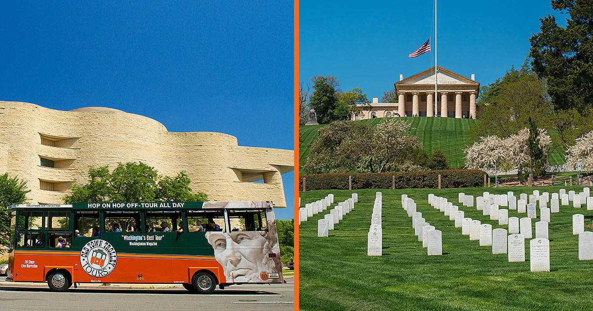 Left picture: Washington DC Trolley driving by the Museum of the American Indian; right picture: Arlington National Cemetery grounds with Arlington House in the background