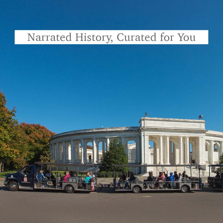 Arlington Tours vehicle driving past cemetery amphitheater and the words Narrated History, Curated for You