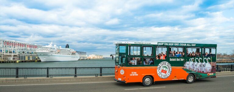Boston trolley tour with cruise ship in background