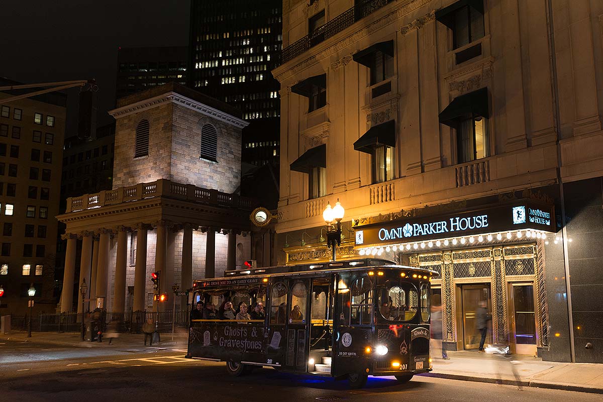 Boston ghost tour trolley driving past Omni Parker House