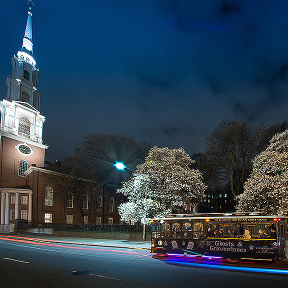 Boston Ghosts & Gravestones trolley and Old North Church