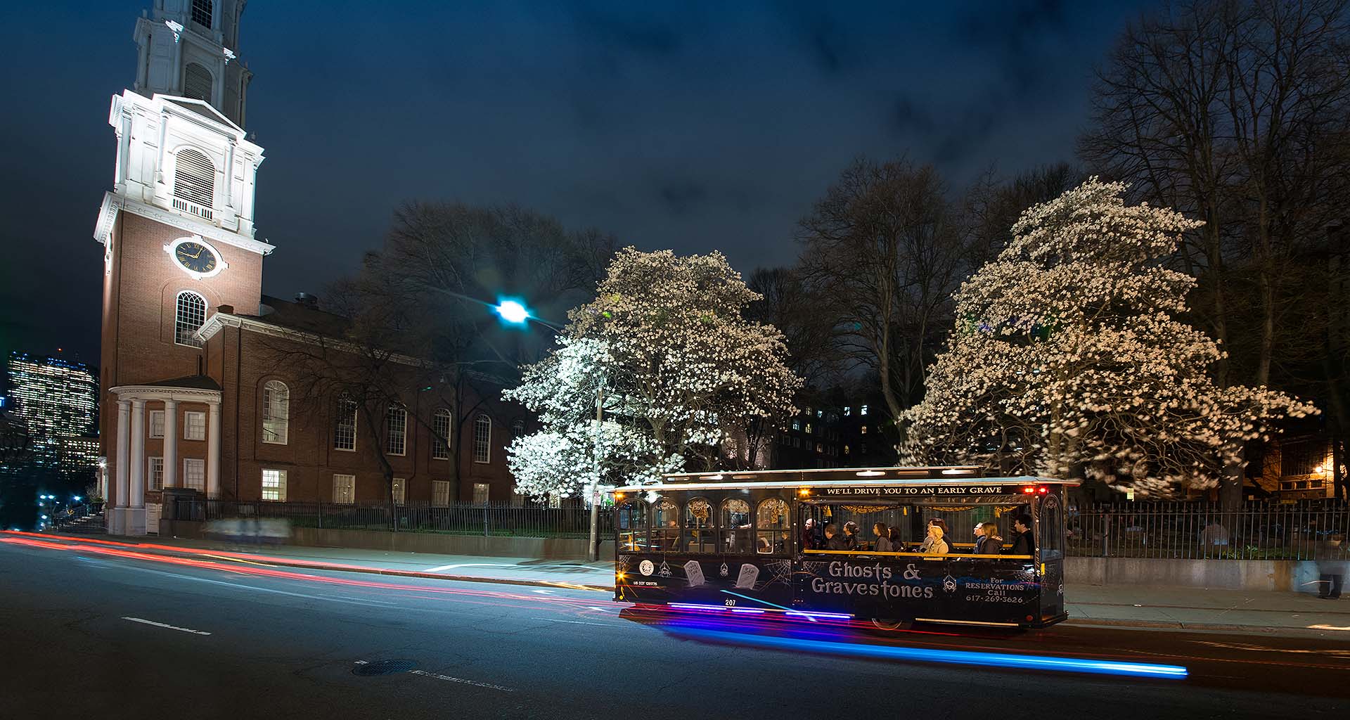 Boston ghost tour trolley driving past Old South Meeting House