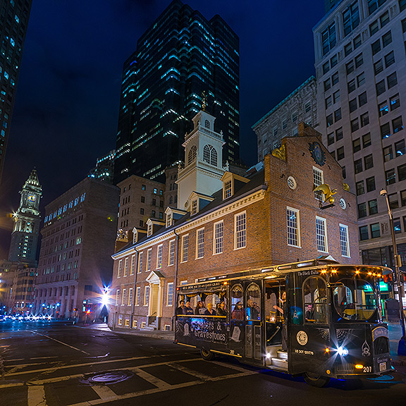 Boston Ghosts & Gravestones trolley and Old State House