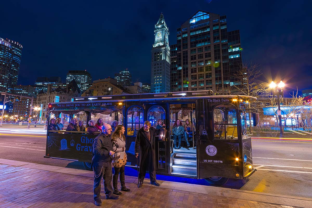 guests being greeted at the Boston Ghosts & Gravestones trolley