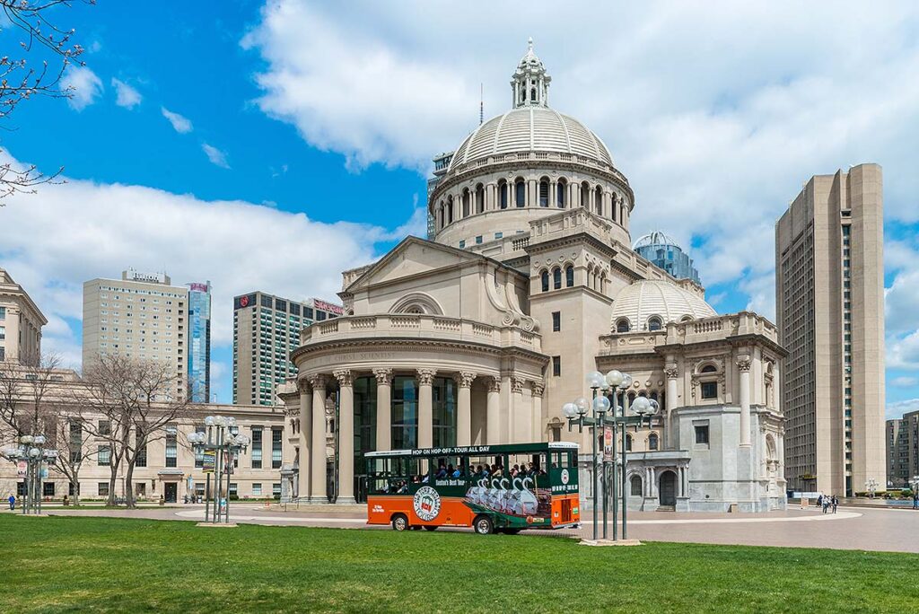 trolley at Boston Christian Science Plaza