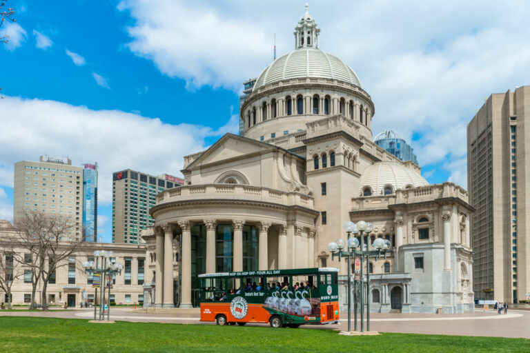 Boston trolley and Christian Science Plaza