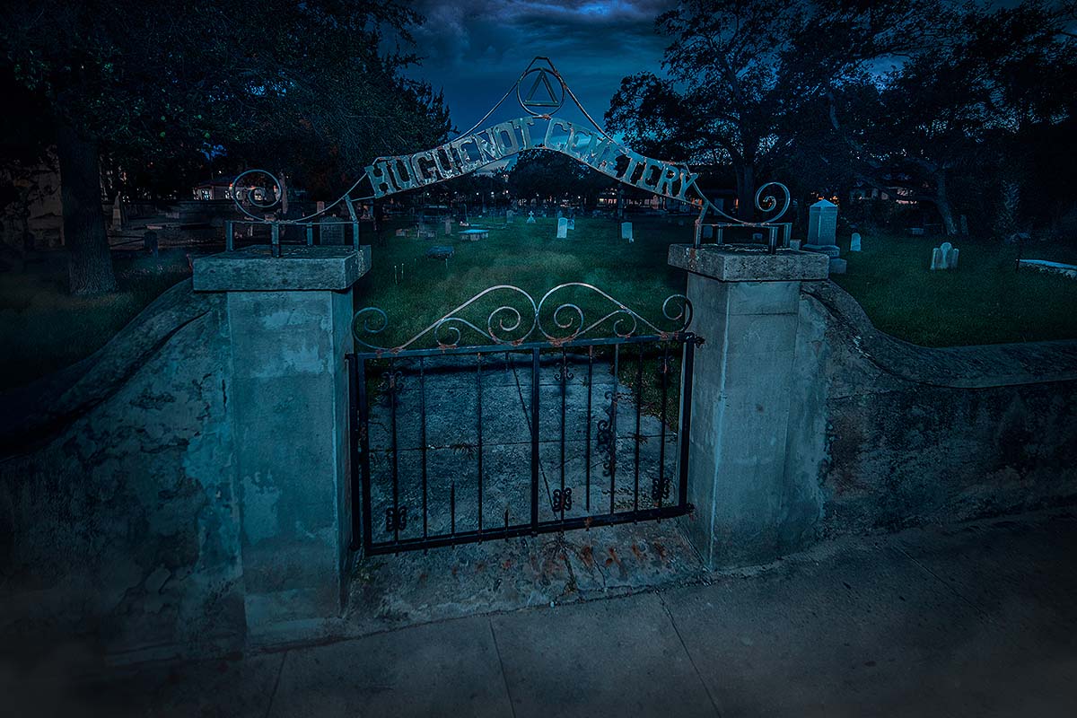 St. Augustine Huguenot Cemetery gates at night