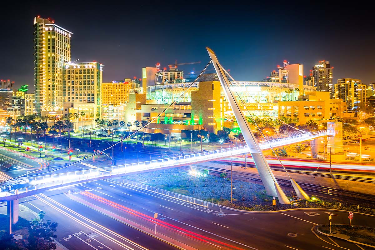 San Diego Embarcadero pedestrian bridge at night