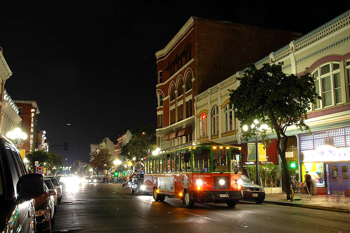 San Diego trolley at night