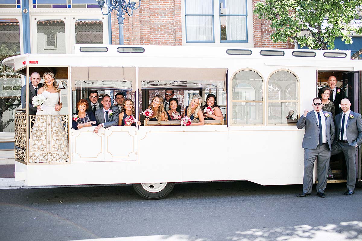 San Diego wedding trolley, bride, groom and wedding party