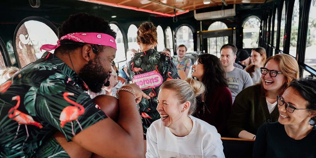 Savannah for Morons hosts and guests inside trolley