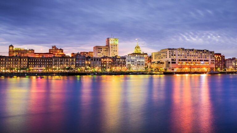 Savannah skyline and river at night