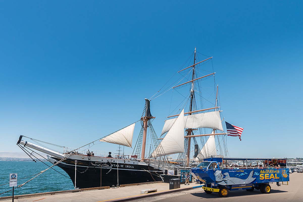 San Diego SEAL Tour driving by Star of India tall ship