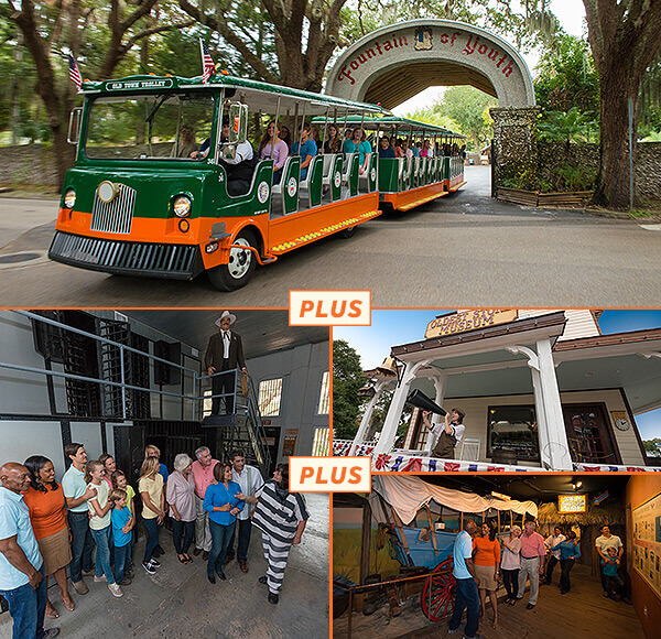 A composite photo showing various St. Augustine attractions like The Fountain of Youth, The Old Jail, and the Oldest Store Museum