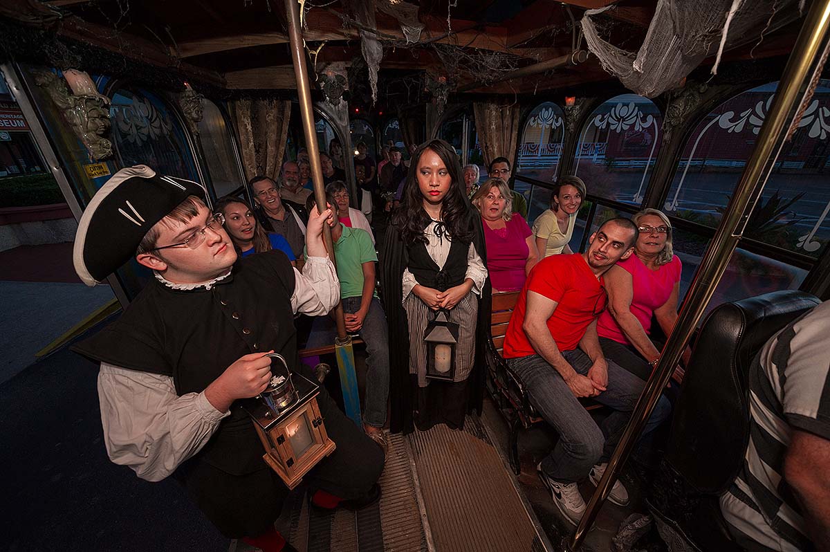 guests inside Ghosts & Gravestones trolley in St. Augustine