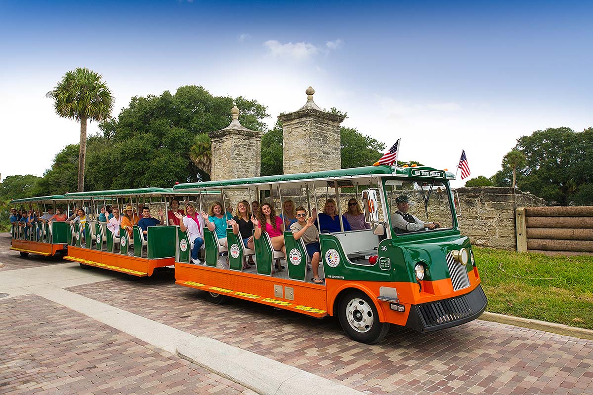 St. Augustine trolley driving past city gates