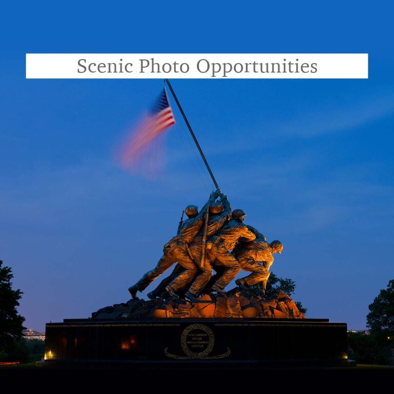 Washington DC Iwo Jima Memorial at night and the words Scenic Photo Opportunities