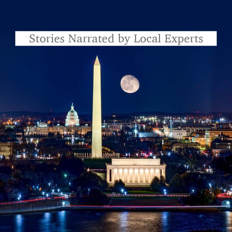 Washington DC memorials at night and the words Stories Narrated by Local Experts