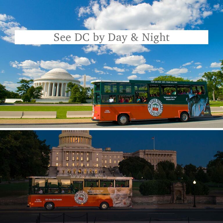 Washington DC trolley at Jefferson Memorial, Monuments by Moonlight trolley at US Capitol, and the words See DC by Day & Night