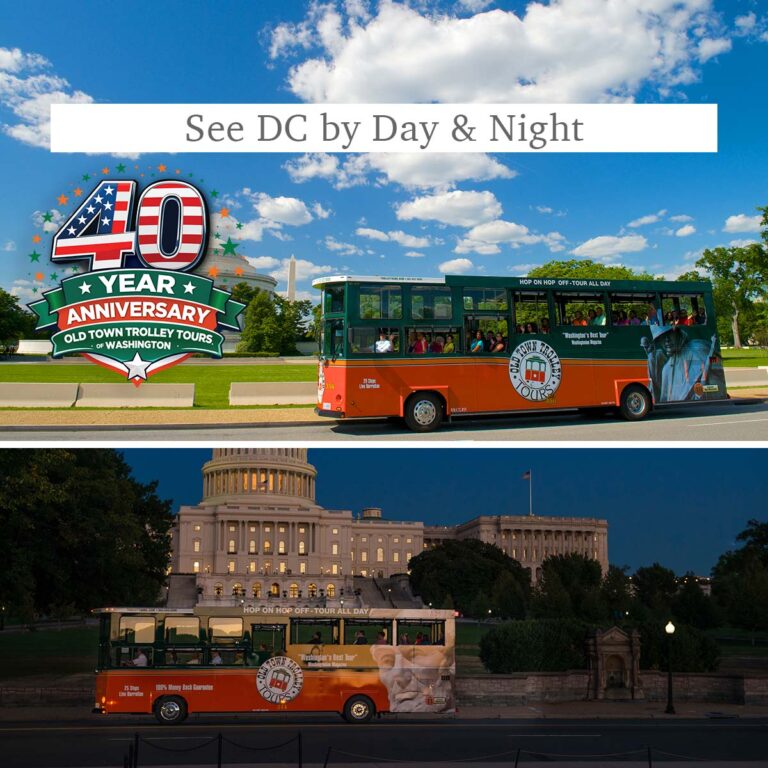 Washington DC trolley at Jefferson Memorial, Monuments by Moonlight trolley at US Capitol, and the words See DC by Day & Night and 40th anniversary logo