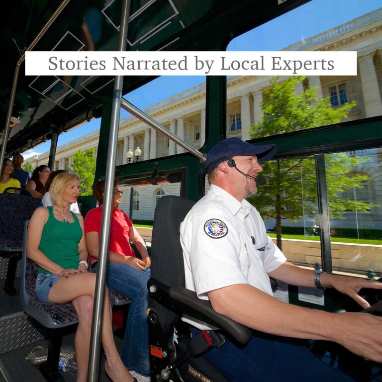Washington DC trolley tour guide and the words Stories Narrated by Local Experts