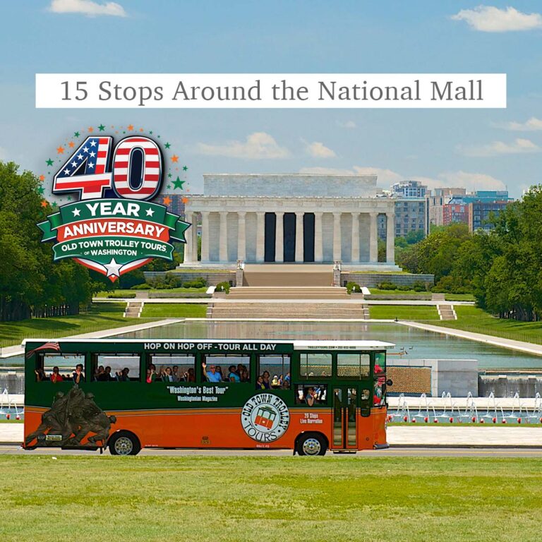trolley in front of Washington DC WWII Memorial and the words 15 Stops around the National Mall and 40th anniversary logo