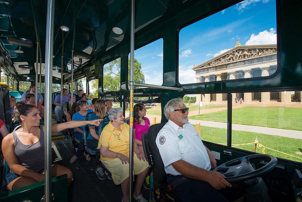 Nashville trolley driving by Parthenon