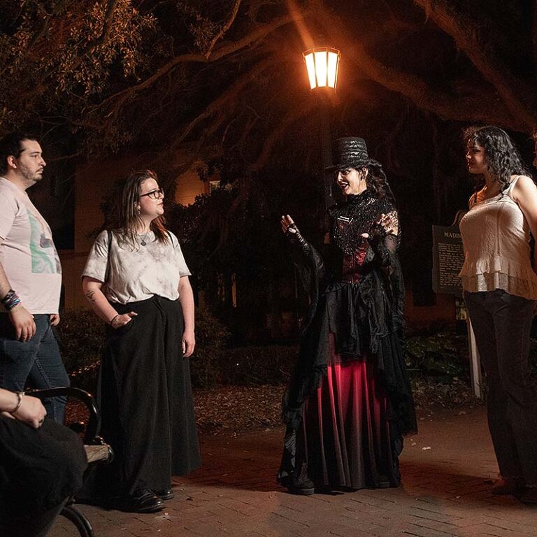 Savannah ghost town trolley ghost host and guests at square