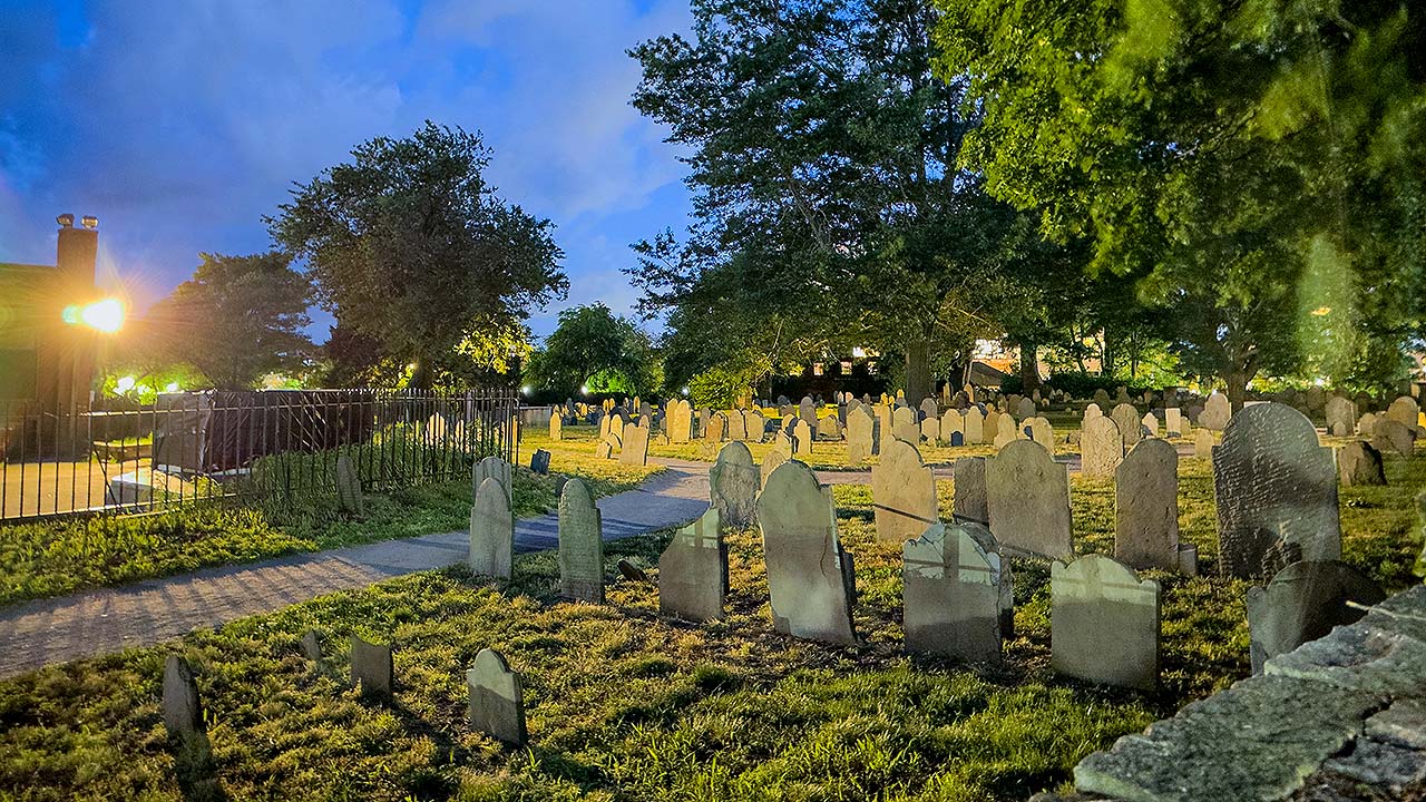 Salem, Massachusetts cemetery at night