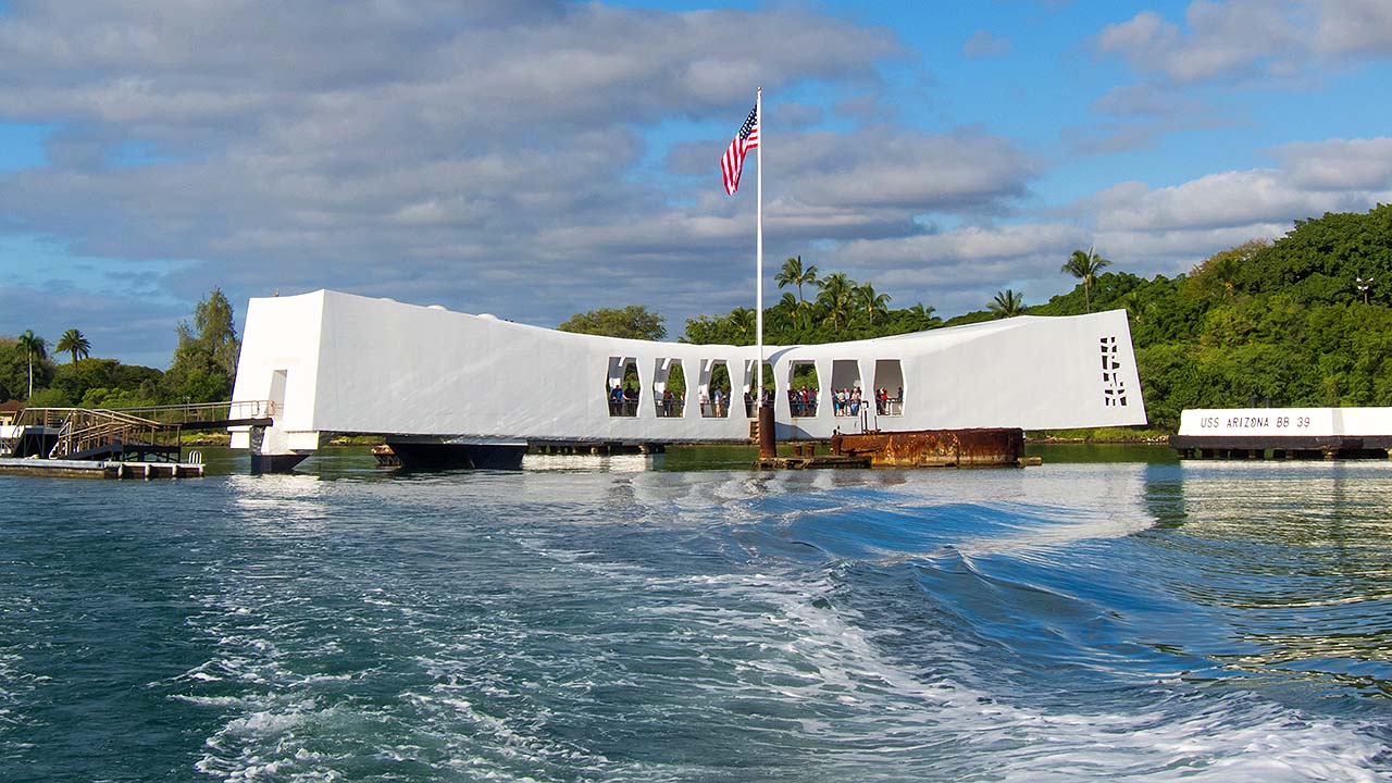 View of Pearl Harbor with the USS Arizona Memorial