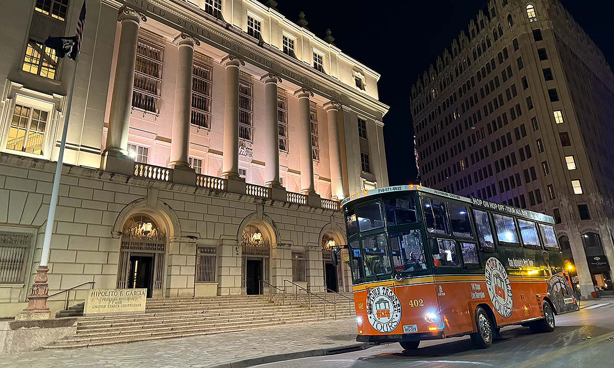 San Antonio trolley at night