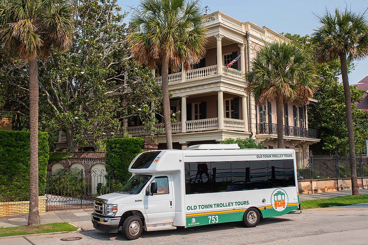 trolley driving around historic Charleston