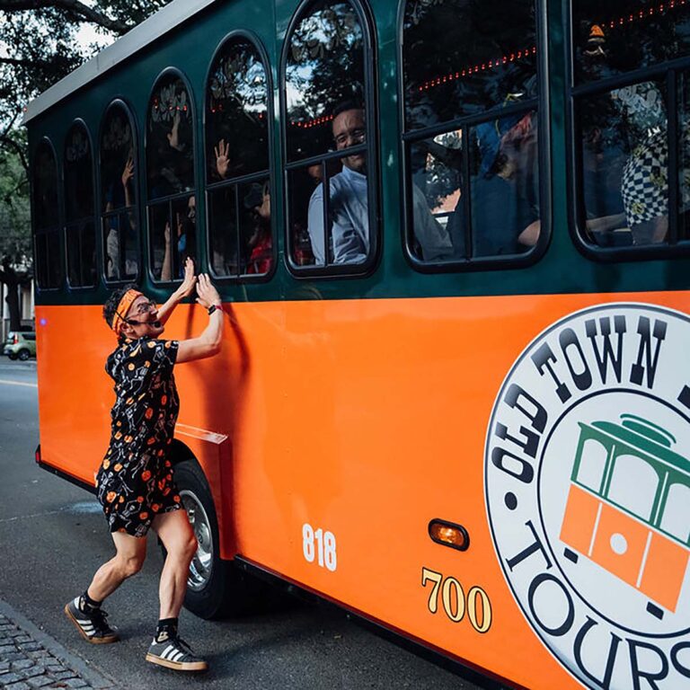 Savannah Ghost Tours for Morons host and trolley