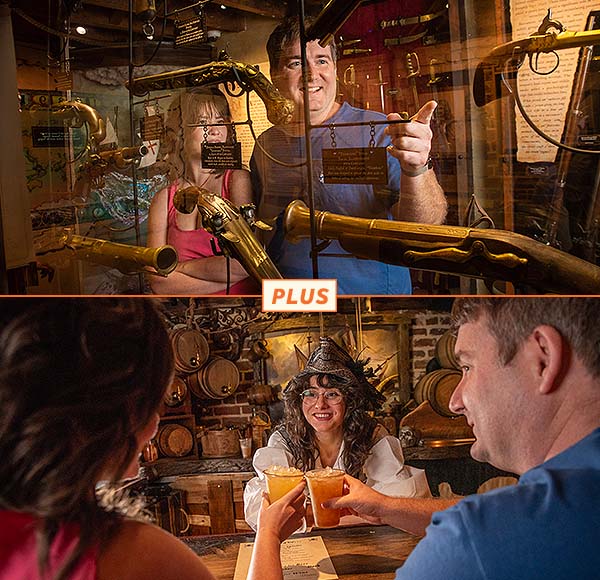 guests viewing artifacts and having a drink at Savannah Pirates and Treasure Museum